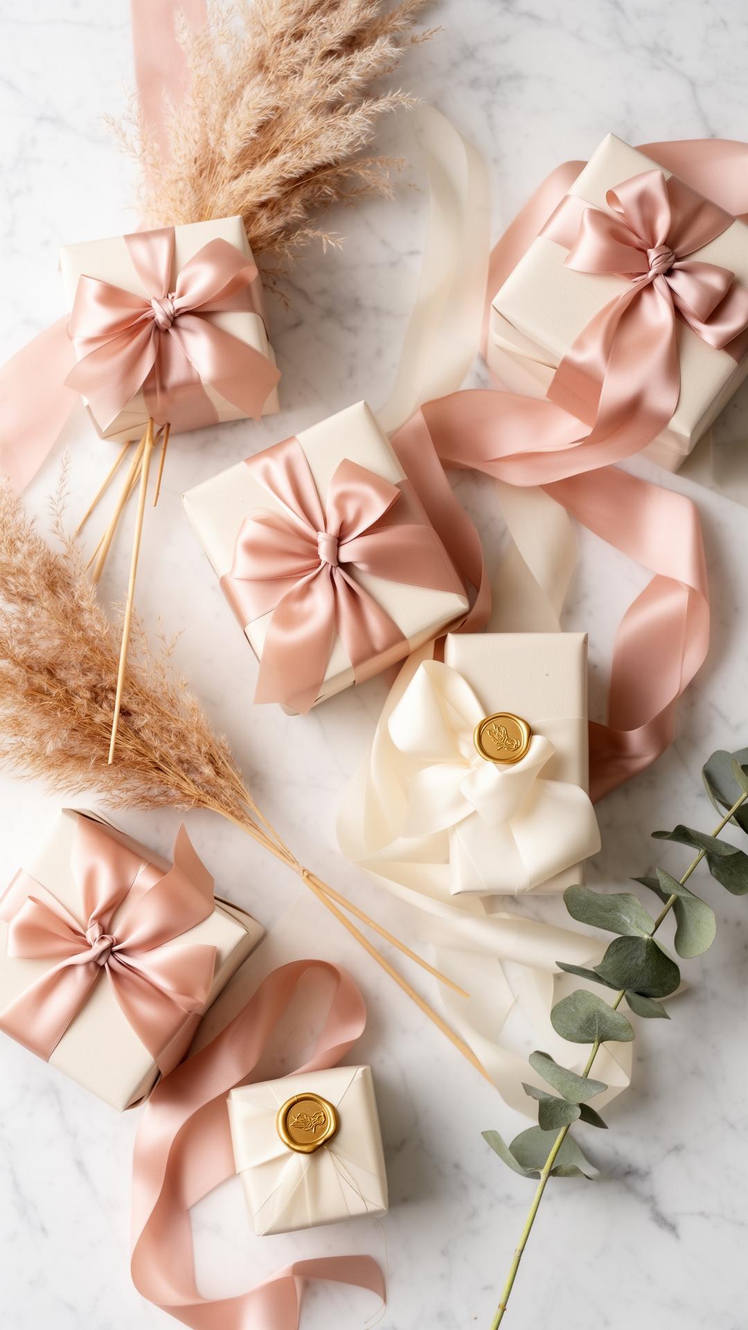 Luxe gift wrapping with blush silk ribbons and wax seals on marble
